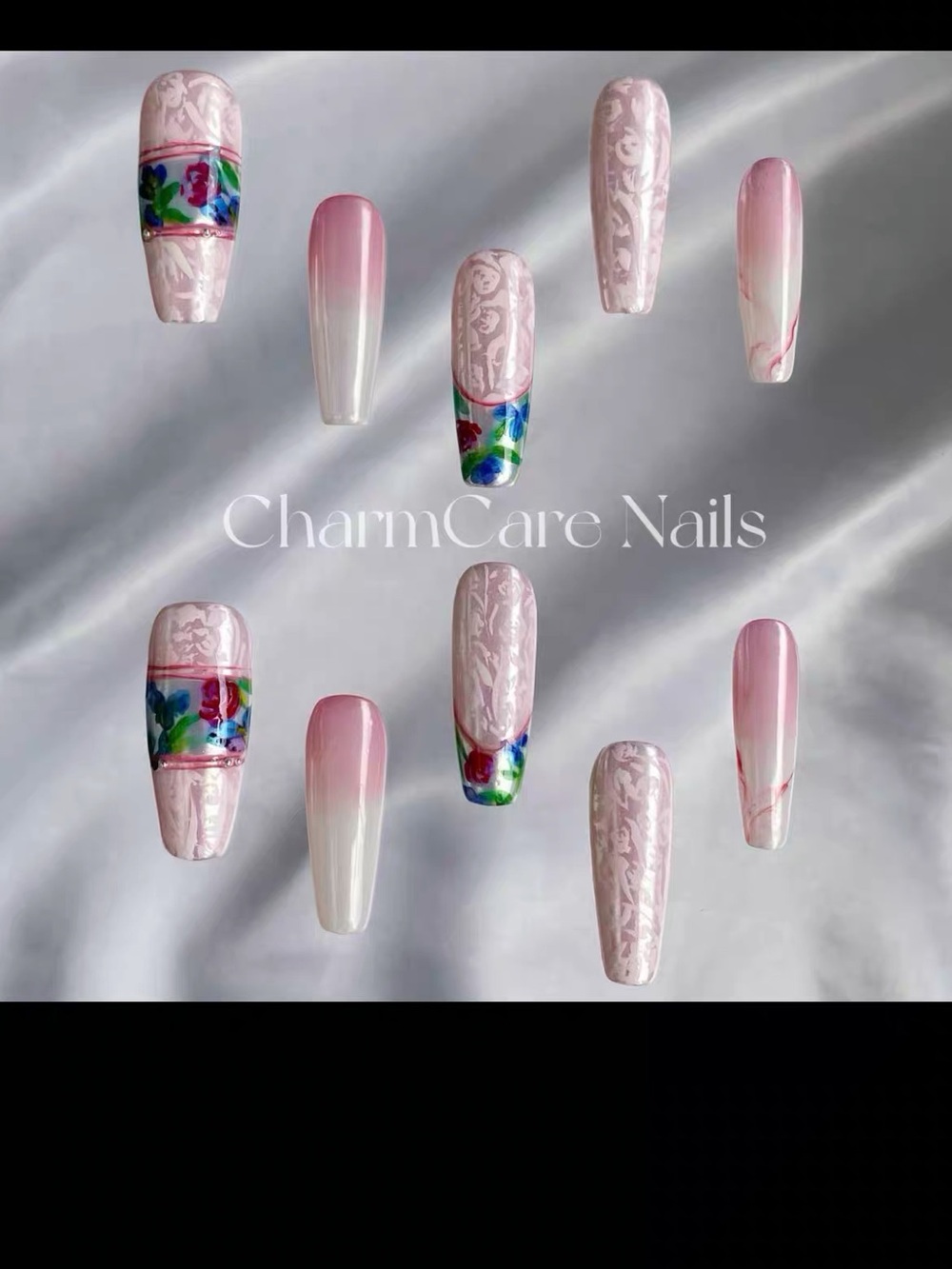 Hand made Pink Ombre Floral Accent Press-On Nail Set